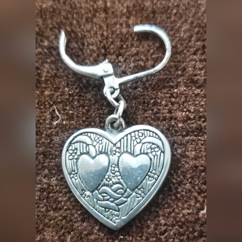 Vintage Art Deco Silver Tone Heart Shape Dangle Earrings